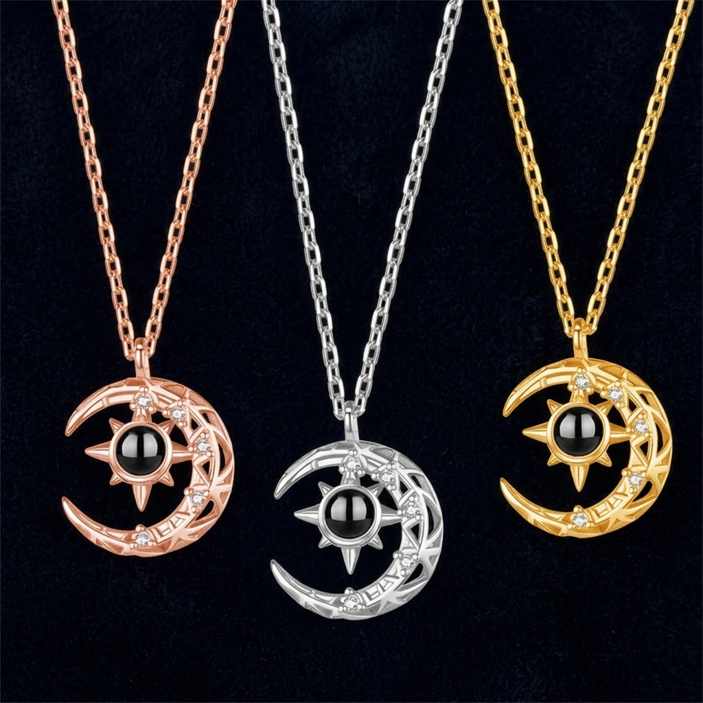 AuraLens Photo Projection Necklace - Crescent Moon Pendant - Personalized Anniversary Gift in Gold or Rose Gold