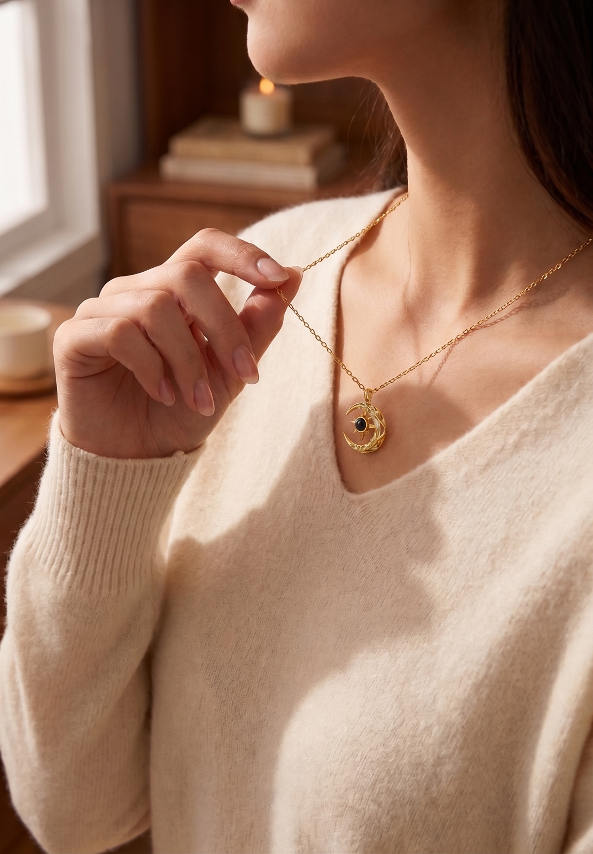 AuraLens Photo Projection Necklace - Crescent Moon Pendant - Personalized Anniversary Gift in Gold or Rose Gold