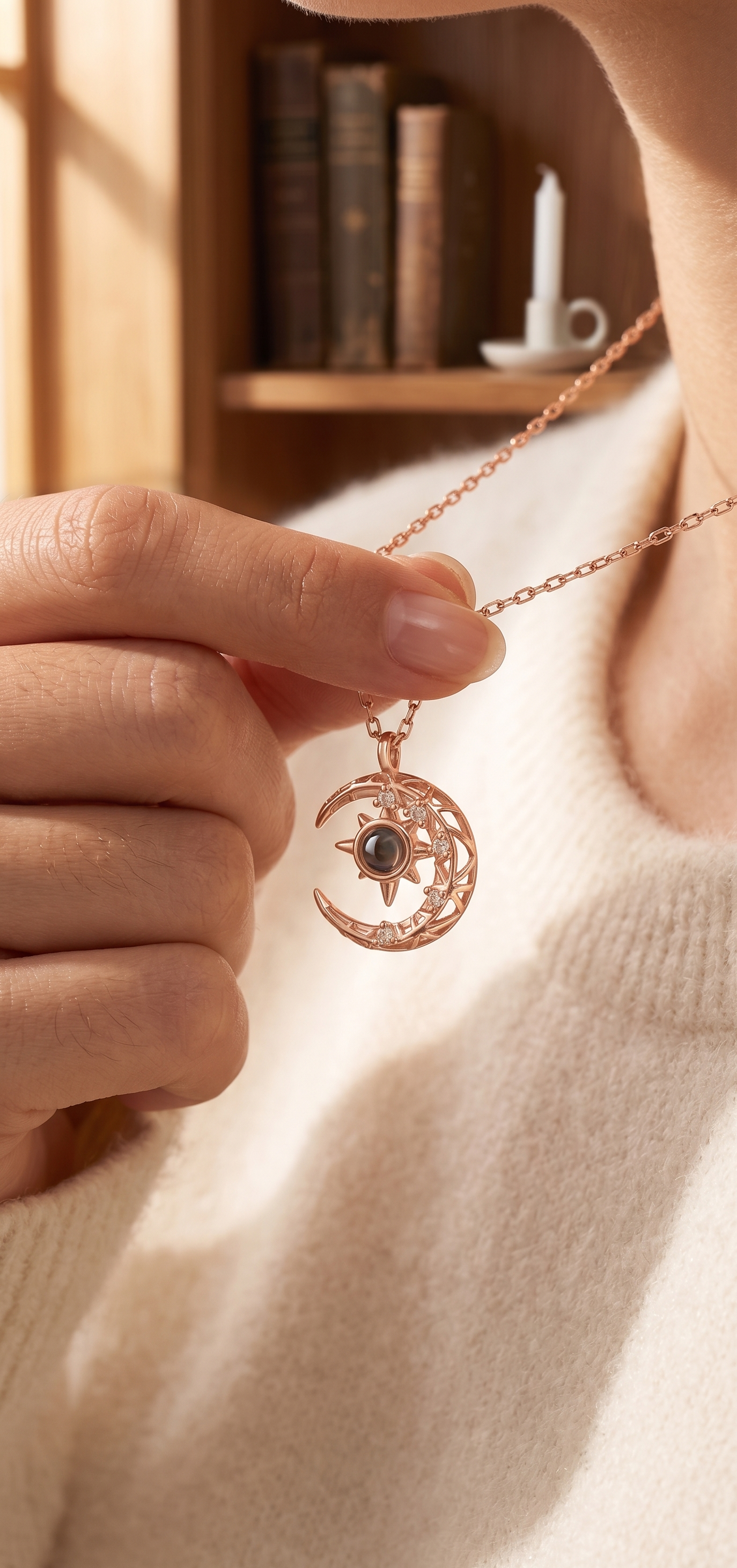 AuraLens Photo Projection Necklace - Crescent Moon Pendant - Personalized Anniversary Gift in Gold or Rose Gold